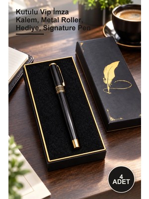 Yenilig 4 Adet Siyah Desenli Metal Kalem – Kutulu Vip Imza Kalem, Metal Roller, Hediye, Signature Pen