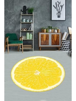 Defne Store Sarı Limon Desenli Yuvarlak Salon Halısı, 120 x 120, Dijital Baskı ve Kaymaz Tabanlı