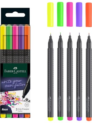 Store Grip Finepen Ince Keçe Uçlu Kalem Seti, 5’li, Neon Renkler, 0.4 Mm, Metal Destekli, Ergonomik Üçgen Gövde