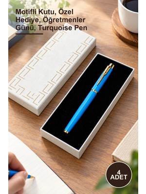 Yenilig 4 Adet Kutulu Turkuaz Metal Roller Kalem – Motifli Kutu, Özel Hediye, Öğretmenler Günü, Turquoise Pen