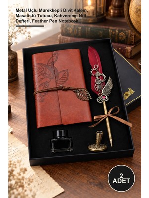 Yenilig 2 Adet Divit Hokka Defter ve Tüylü Kalem Seti – Metal Uçlu Mürekkepli Divit Kalem, Masaüstü Tutucu, Kahverengi Not Defteri, Feather Pen Notebook