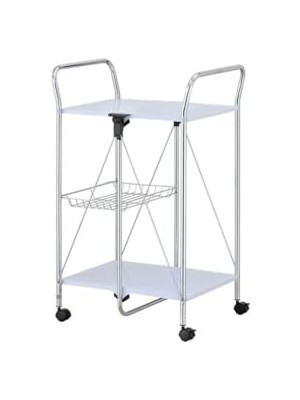 Defne Store Beyaz, Katlanabilir Tekerlekli Metal Raflı Servis Arabası