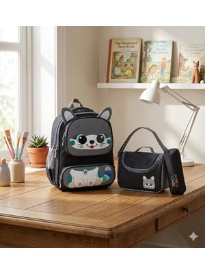 Store Sevimli Kedi Ilkokul Çanta Seti Gri Unisex Sırt Çantası