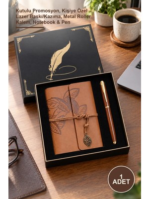 Yenilig 1 Adet Taba Deri Defter ve Kalem Seti – Kutulu Promosyon, Kişiye Özel Lazer Baskı/kazıma, Metal Roller Kalem, Notebook & Pen