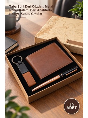 Yenilig 10 Adet Bakır Metal Kalem Cüzdan ve Anahtarlık Seti – Taba Suni Deri Cüzdan, Metal Roller Kalem, Deri Anahtarlık, Hediye Kutulu Gift Set