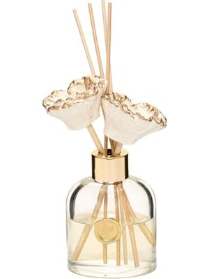 Defne Store Şişe, 130 ml Elips Cam Gold Seramik Çiçek Taşlı Bambu Çubuklu Dark Amber Oda Kokusu