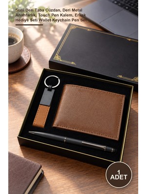 Yenilig 1 Adet Cüzdan Anahtarlık Kalem Seti – Suni Deri Taba Cüzdan, Deri Metal Anahtarlık, Touch Pen Kalem, Erkek Hediye Seti Wallet Keychain Pen Set
