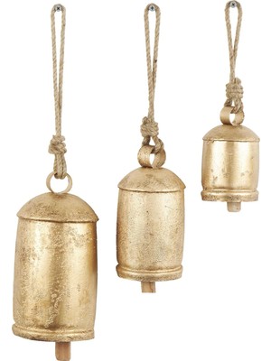 Store Dekoratif Metal Inek Çanı, Tibet Esintili, Meditasyon, Asmak Için Jüt Halatlı, 3 Adet, 25,4 Cm, 20,3 Cm, 15,2 cm Yüksekliğinde, Altın Rengi