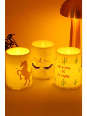 Store LED Mum Bardak Tipi Pilli Dumansız Alevli Dekoratif Yapay Mum Işıldak Dekor Lambası 10 cm (3'lü (Unicorn Kirpik Kaktüs))