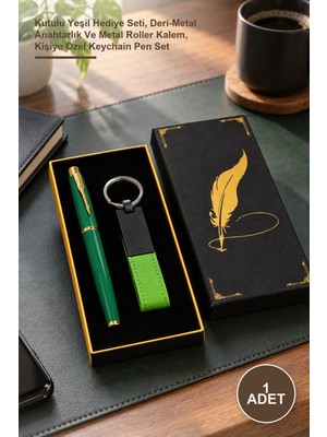 Yenilig 1 Adet Anahtarlık Kalem Seti – Kutulu Yeşil Hediye Seti, Deri-Metal Anahtarlık ve Metal Roller Kalem, Kişiye Özel Keychain Pen Set