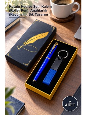 Yenilig 2 Adet Tüylü Motifli Kutulu Mavi Roller Kalem ve Deri Metal Anahtarlık Seti – Kutulu Hediye Seti, Kalem (Roller Pen), Anahtarlık (Keychain), Şık Tasarım