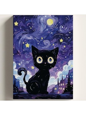 Defne Store Sayılarla Boyama Tuval Hobi Seti, Fırça ve Boya Dahil Set (Çıtalı) 40X50 Cm, Kendin Yap Sayılarla Tuval Boya Kiti (Kasnaklı) (40X50, Kara Kedi)