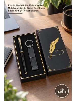 Yenilig 10 Adet Kalem Anahtarlık Hediye Seti – Kutulu Siyah Roller Kalem ve Deri Metal Anahtarlık, Kişiye Özel Lazer Baskı, Gift Set Keychain Pen