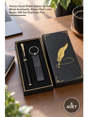 Yenilig 5 Adet Kalem Anahtarlık Hediye Seti – Kutulu Siyah Roller Kalem ve Deri Metal Anahtarlık, Kişiye Özel Lazer Baskı, Gift Set Keychain Pen