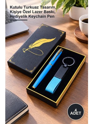 Yenilig 4 Adet Metal Deri Anahtarlık ve Metal Roller Kalem Seti – Kutulu Turkuaz Tasarım, Kişiye Özel Lazer Baskı, Hediyelik Keychain Pen