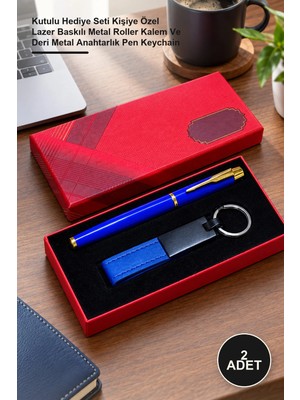 Yenilig 2 Adet Mavi Kalem Anahtarlık Set – Kutulu Hediye Seti Kişiye Özel Lazer Baskılı Metal Roller Kalem ve Deri Metal Anahtarlık Pen Keychain