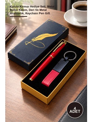 Yenilig 4 Adet Deri Anahtarlık ve Kalem Seti – Kutulu Kırmızı Hediye Seti, Metal Roller Kalem, Deri ve Metal Anahtarlık, Keychain Pen Gift