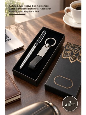 Yenilig 3 Adet Kalem Anahtarlık Set – Kutulu Silver Hediye Seti Kişiye Özel Lazer Markalama Deri Metal Anahtarlık Roller Kalem Keychain Pen
