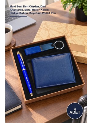 Yenilig 4 Adet Anahtarlık Kalem Cüzdan Seti – Mavi Suni Deri Cüzdan, Deri Anahtarlık, Metal Roller Kalem, Hediye Kutulu, Keychain Wallet Pen