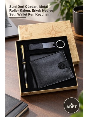 Yenilig 4 Adet Siyah Cüzdan, Kalem ve Deri Anahtarlık Seti – Suni Deri Cüzdan, Metal Roller Kalem, Erkek Hediye Seti, Wallet Pen Keychain