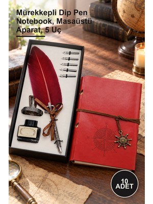 Yenilig 10 Adet Tüylü Divit Kalem ve Pusula Baskılı Suni Deri Defter Seti – Mürekkepli Dip Pen Notebook, Masaüstü Aparat, 5 Uç