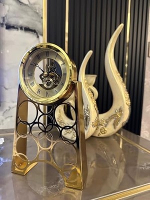 Defne Store Gold Renkli Iskelet Mekanizmalı Retro Metal Dekoratif Masa Saati