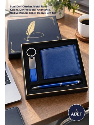Yenilig 3 Adet Mavi Cüzdan, Kalem ve Deri Anahtarlık Seti – Suni Deri Cüzdan, Metal Roller Kalem, Deri ve Metal Anahtarlık, Hediye Kutulu, Erkek Hediye Gift Set