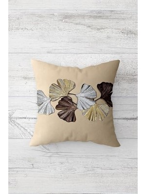 Defne Store Ginko Biloba Yaprağı Desenli Çift Tarafı Baskılı Gizli Fermuarlı Kırlent Koltuk Yastık Kılıfı, Krem-Gold-Gri, 45 x 45