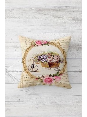 Defne Store Vintage Sepet Bisiklet Çiçek Desenli Çift Taraflı Baskılı Gizli Fermuarlı Kırlent Koltuk Yastık Kılıfı, Krem 45 x 45