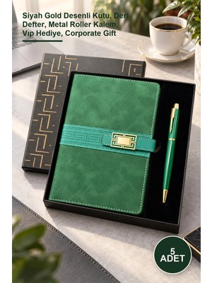 Yenilig 5 Adet Kutulu Defter Kalem Seti – Siyah Gold Desenli Kutu, Deri Defter, Metal Roller Kalem, Vıp Hediye, Corporate Gift
