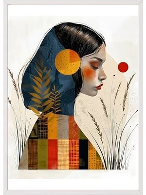 Defne Store Zestia Beyaz Çerçeveli Tablo; Kadın Portresi, Doğa ve Güneş Motifi, Modern Illüstrasyon Poster No: 106575 21 x 30