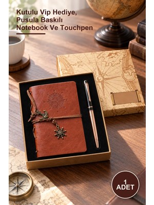 Yenilig 1 Adet Deri Pusula Tasarımlı Defter ve Metal Roller Kalem Seti – Kutulu Vip Hediye, Pusula Baskılı Notebook ve Touchpen