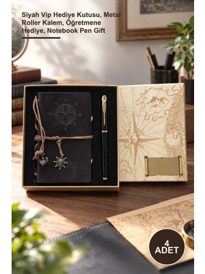 Yenilig 4 Adet Pusula Baskılı Deri Defter Kalem Seti – Siyah Vip Hediye Kutusu, Metal Roller Kalem, Öğretmene Hediye, Notebook Pen Gift