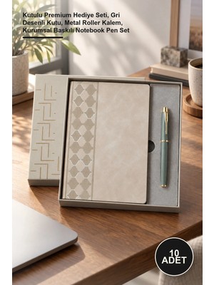 Yenilig 10 Adet Deri Defter ve Kalem Seti – Kutulu Premium Hediye Seti, Gri Desenli Kutu, Metal Roller Kalem, Kurumsal Baskılı Notebook Pen Set