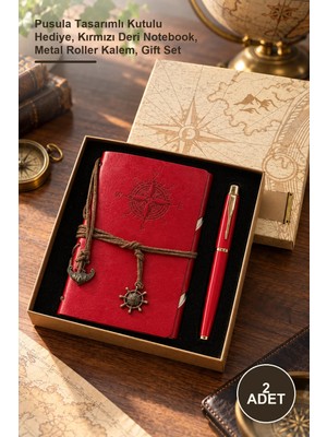 Yenilig 2 Adet Deri Defter ve Kalem Seti – Pusula Tasarımlı Kutulu Hediye, Kırmızı Deri Notebook, Metal Roller Kalem, Gift Set