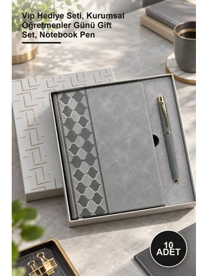 Yenilig 10 Adet Kutulu Gri Deri Desenli Defter ve Metal Kalem Seti – Vip Hediye Seti, Kurumsal Öğretmenler Günü Gift Set, Notebook Pen