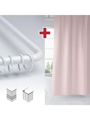 Defne Store Pembe Banyo Perdesi, Askı Hediyeli, 180X200 Cm, Pudra, Tek Kanat, L Boru Hediyeli