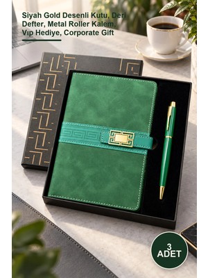 Yenilig 3 Adet Kutulu Defter Kalem Seti – Siyah Gold Desenli Kutu, Deri Defter, Metal Roller Kalem, Vıp Hediye, Corporate Gift