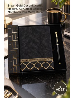 Yenilig 1 Adet Deri Defter Kalem Seti – Siyah Gold Desenli Kutulu Hediye, Kurumsal Baskılı Notebook Pen Metal Roller