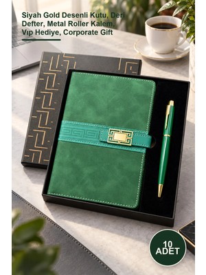 Yenilig 10 Adet Kutulu Defter Kalem Seti – Siyah Gold Desenli Kutu, Deri Defter, Metal Roller Kalem, Vıp Hediye, Corporate Gift