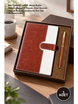 Yenilig 3 Adet Vip Kutulu Defter Kalem Seti – Deri Desenli Defter, Metal Roller Kalem, Manyetik Kapak, Özel Desenli Hediye Kutusu, Notebook Pen Set