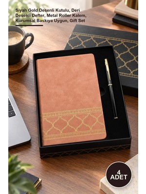 Yenilig 4 Adet Premium Defter Kalem Hediye Seti – Siyah Gold Desenli Kutulu, Deri Desenli Defter, Metal Roller Kalem, Kurumsal Baskıya Uygun, Gift Set