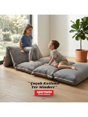 Defne Store Katlanır Pofuduk Çocuk Yer Minderi Pötikareli Bebek Yer Yatağı Çantalı (Gri)