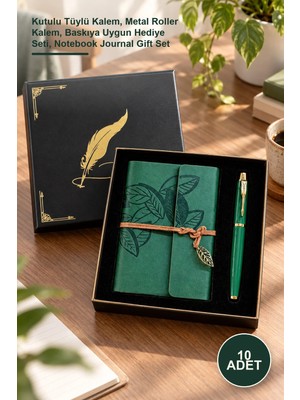 Yenilig 10 Adet Yeşil Yaprak Desenli Deri Defter Kalem Seti – Kutulu Tüylü Kalem, Metal Roller Kalem, Baskıya Uygun Hediye Seti, Notebook Journal Gift Set
