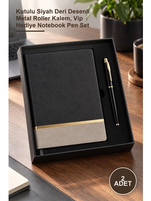 Yenilig 2 Adet Defter ve Kalem Seti – Kutulu Siyah Deri Desenli Metal Roller Kalem, Vip Hediye Notebook Pen Set