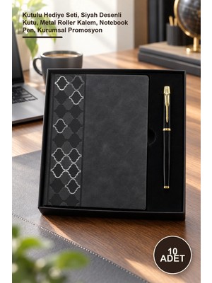Yenilig 10 Adet Deri Desenli Defter Kalem Seti – Kutulu Hediye Seti, Siyah Desenli Kutu, Metal Roller Kalem, Notebook Pen, Kurumsal Promosyon