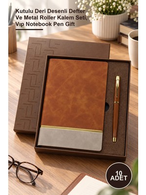 Yenilig 10 Adet Öğretmenler Günü Hediyesi – Kutulu Deri Desenli Defter ve Metal Roller Kalem Seti, Vıp Notebook Pen Gift
