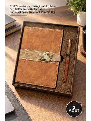 Yenilig 2 Adet Defter Kalem Kurumsal Hediye Seti – Özel Tasarımlı Kahverengi Kutulu, Taba Deri Defter, Metal Roller Kalem, Kurumsal Baskı, Notebook Pen Gift Set