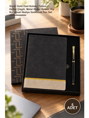 Yenilig 5 Adet Defter Kalem Hediye Seti – Siyah Gold Özel Kutulu, Termo Defter Çizgili, Metal Roller Kalem, Vip Kurumsal Hediye Notebook Pen Set