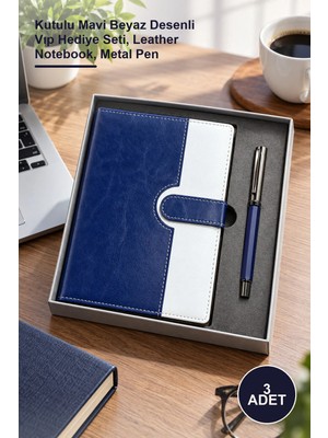 Yenilig 3 Adet Deri Kapaklı Defter ve Metal Kalem Seti – Kutulu Mavi Beyaz Desenli Vıp Hediye Seti, Leather Notebook, Metal Pen